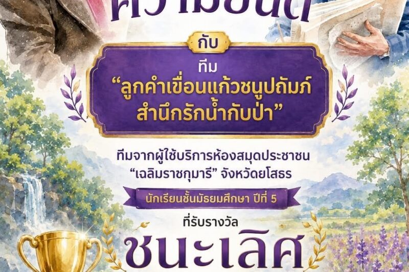 ขอแสดงความยินดี กับ “ทีมลูกคำเขื่อนแก้ววชนูปถัมภ์ สำนึกรักน้ำกับป่า” ทีมจาก ผู้ใช้บริการห้องสมุดประชาชน “เฉลิมราชกุมารี” จังหวัดยโสธร