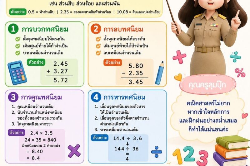 1 วัน 1 สาระ (1 Day 1 Trick) ฉบับวันที่ 15 กรกฎาคม 2569 ความรู้วิชาคณิตศาสตร์ : เรื่อง “การบวก การลบ การคูณ และการหารทศนิยม