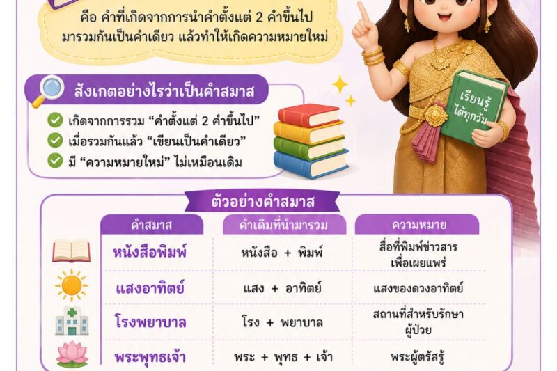📚✨ 1 วัน 1 สาระ (1 Day 1 Trick) ฉบับวันที่ 9 สิงหาคม 2569ชวนเด็ก ๆ มารู้จัก “คำสมาส” แบบเข้าใจง่าย เรียนรู้ความหมาย หลักการสังเกต และตัวอย่างคำสมาสใกล้ตัว พร้อมสนุกกับกิจกรรม Try it! ลองคิดสิ ฝึกทักษะภาษาไทยไปพร้อมกัน 💡📝