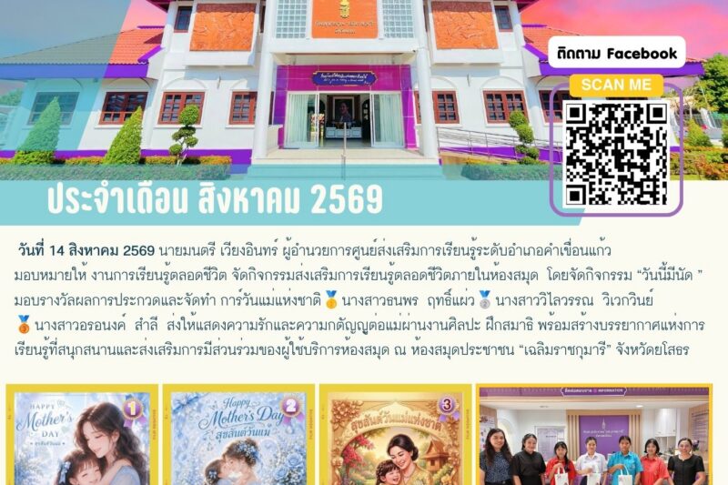 งานการเรียนรู้ตลอดชีวิต จัดกิจกรรมส่งเสริมการเรียนรู้ตลอดชีวิตภายในห้องสมุด โดยจัดกิจกรรม “วันนี้มีนัด ” มอบรางวัลผลการประกวดและจัดทำ การ์วันแม่แห่งชาติ