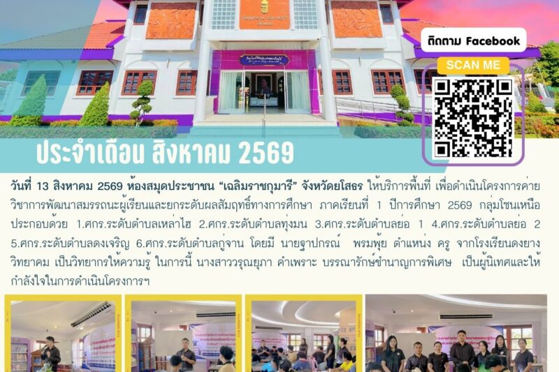 ห้องสมุดประชาชน “เฉลิมราชกุมารี” จังหวัดยโสธร ให้บริการพื้นที่ เพื่อดำเนินโครงการค่ายวิชาการพัฒนาสมรรถนะผู้เรียนและยกระดับผลสัมฤทธิ์ทางการศึกษา ภาคเรียนที่ 1 ปีการศึกษา 2569 กลุ่มโซนเหนือ